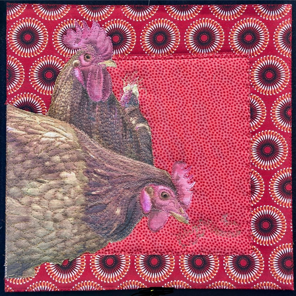 Chooks printed on fabric treated with hair conditioner.